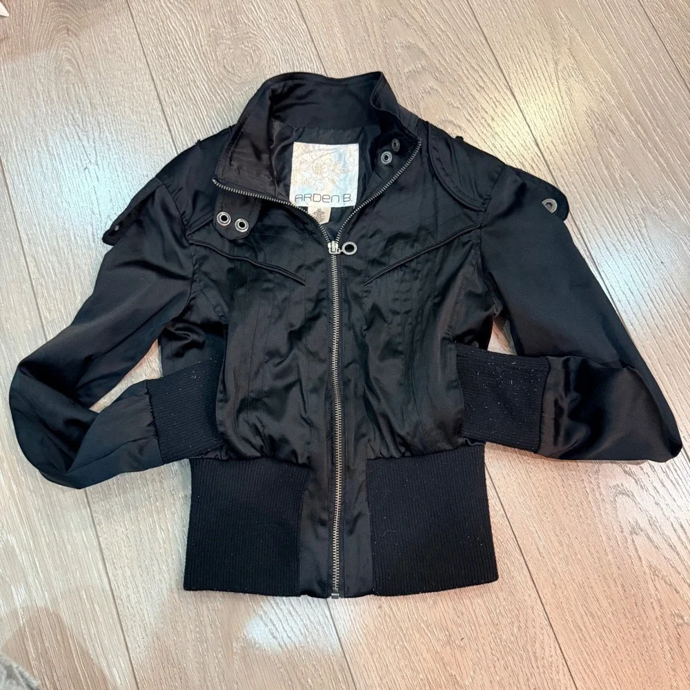 Arden B Bomber Jacket Black Moto Full Zip Ribbed XS Kids - Picture 3 of 6